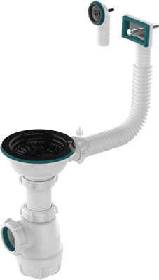 Сифон для кухни AQUATTRO 3 1/2"х40 прямоугольный и круглый перелив, гофротруба 40х40/50, чёрная решётка [1/29]